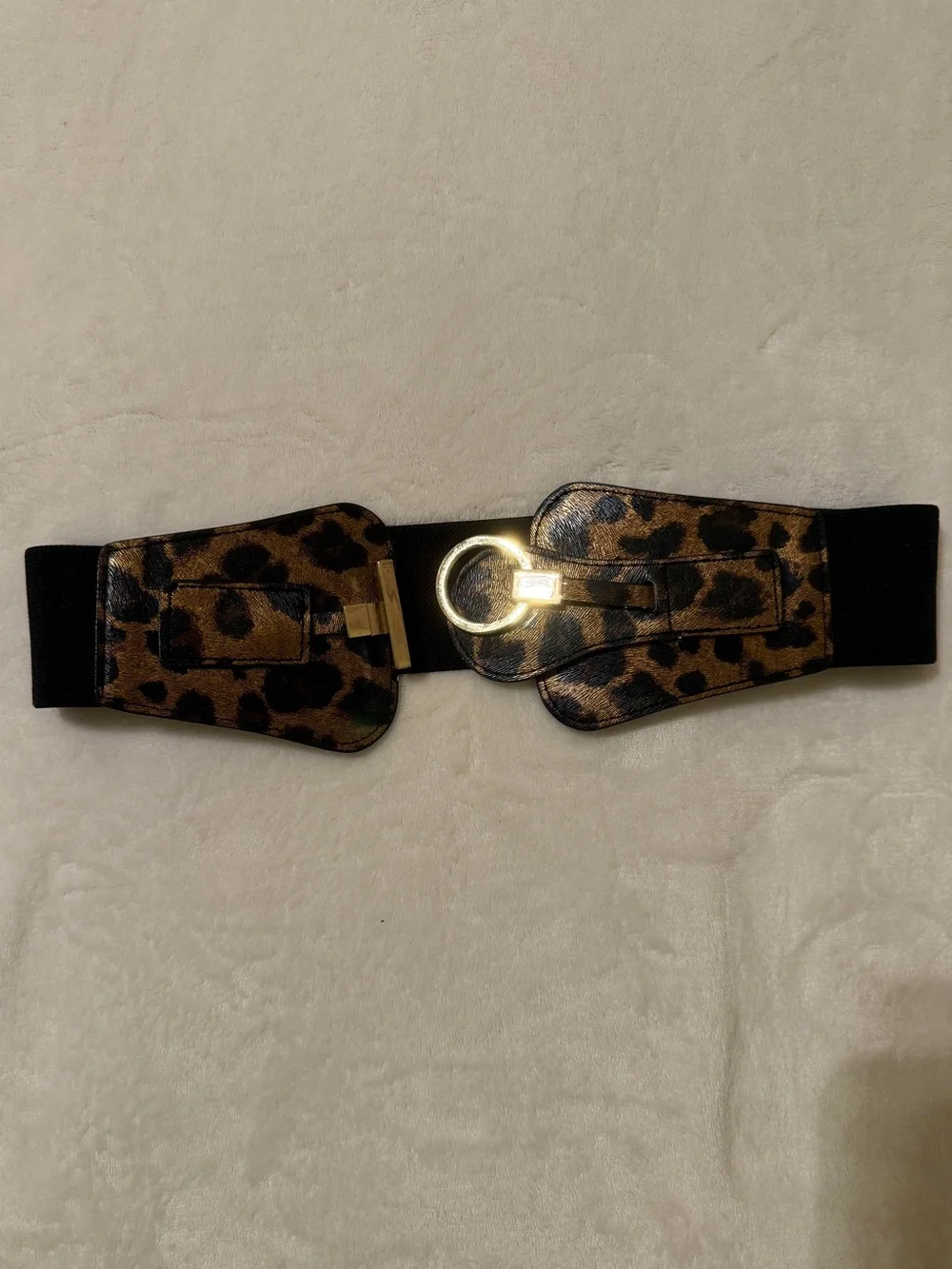 bebe Leopard Print Elastic Waist Belt with Gold Buckle